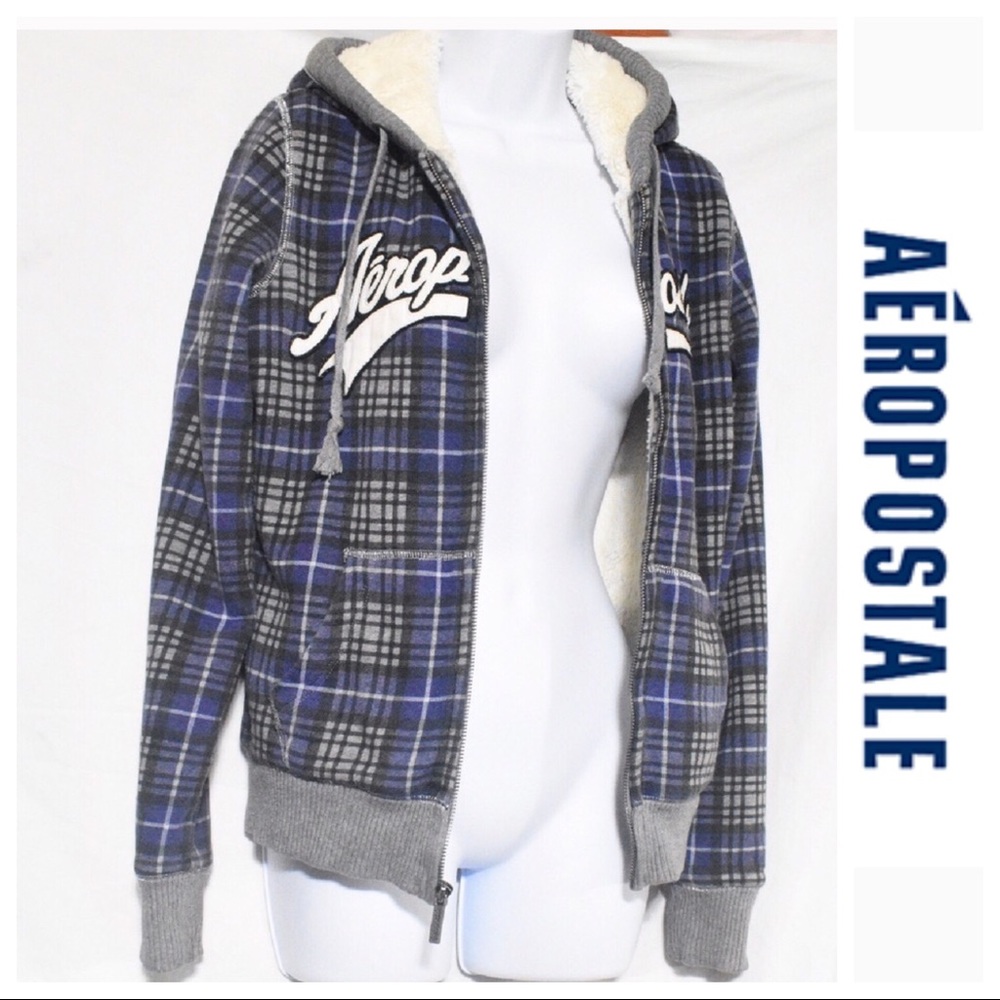 Aeropostale Shearling Zip-Up Hooded Plaid Jacket